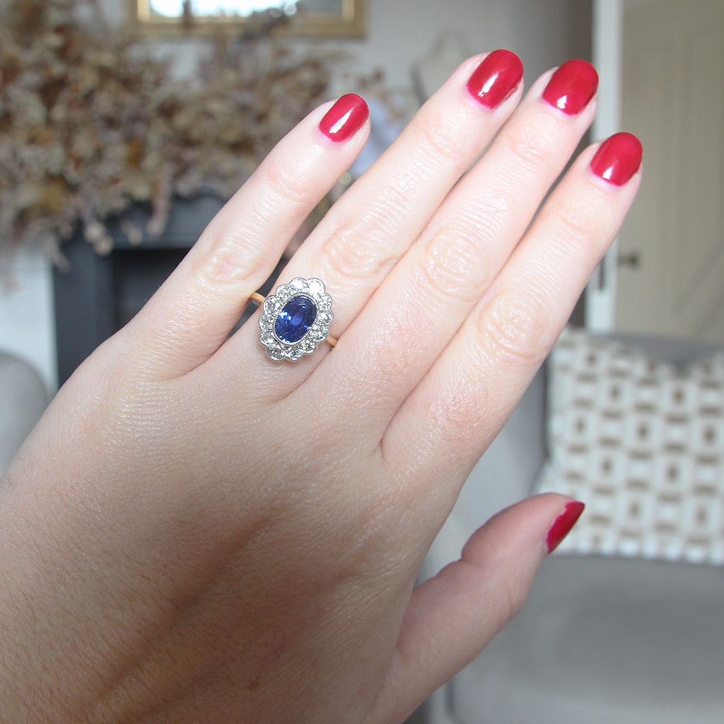 Edwardian Style 2.55 Carat Sapphire and Old Cut Diamond Cluster