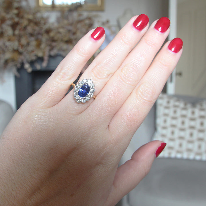 Edwardian Style 2.55 Carat Sapphire and Old Cut Diamond Cluster