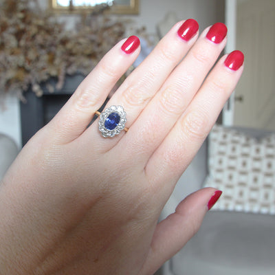 Edwardian Style 2.55 Carat Sapphire and Old Cut Diamond Cluster