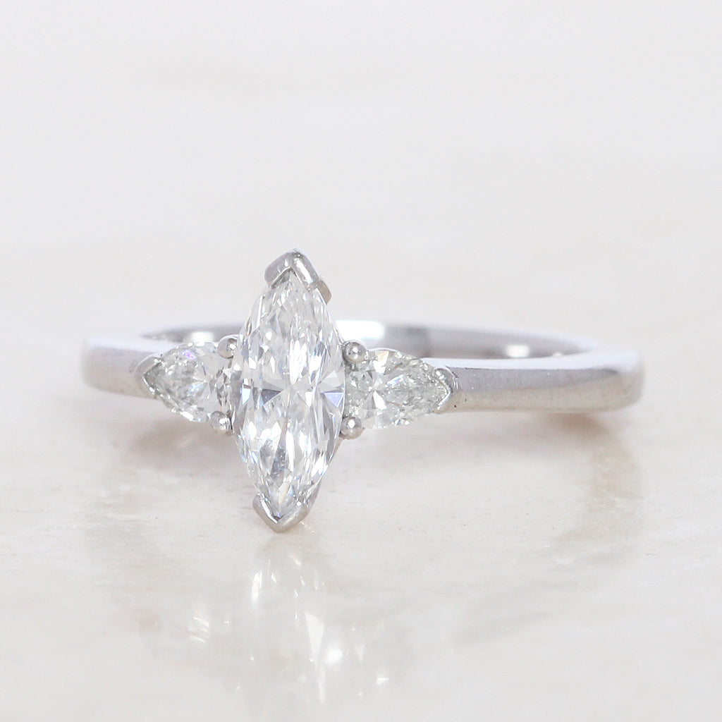 Contemporary 0.92 Carat Marquise Cut and Pear Shape Diamond Three Stone