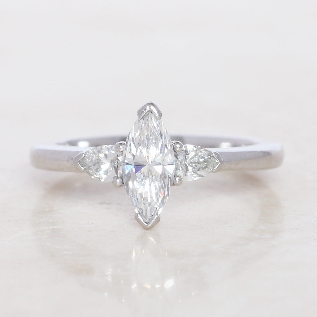 Contemporary 0.92 Carat Marquise Cut and Pear Shape Diamond Three Stone
