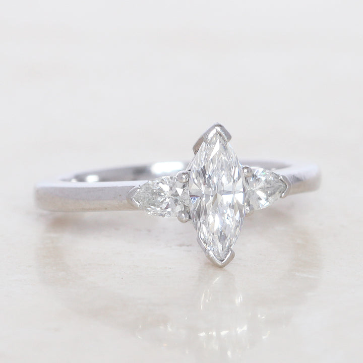 Contemporary 0.92 Carat Marquise Cut and Pear Shape Diamond Three Stone