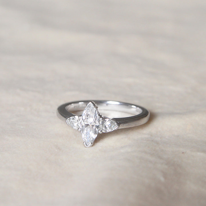 Contemporary 0.92 Carat Marquise Cut and Pear Shape Diamond Three Stone