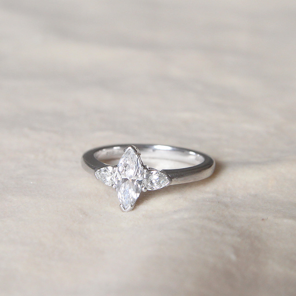 Contemporary 0.92 Carat Marquise Cut and Pear Shape Diamond Three Stone