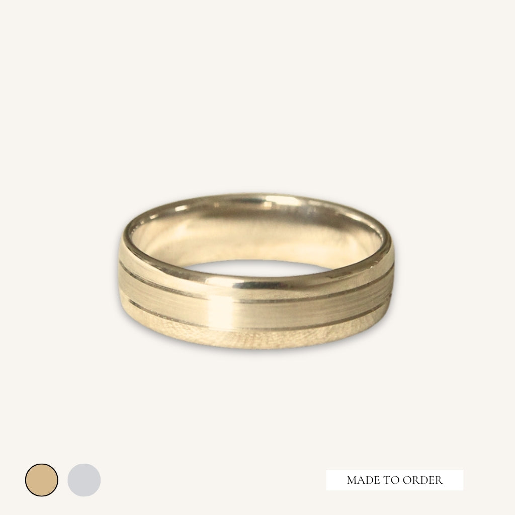 The Bombe Court Shape Wedding Band with Satin Stripe