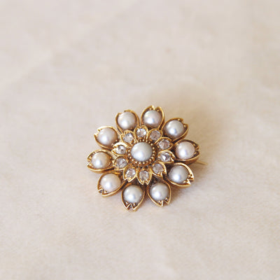 Victorian Pearl and Rose Cut Diamond Brooch