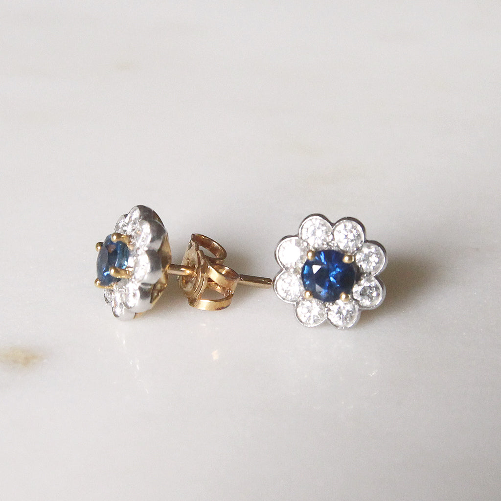 Edwardian Style Carat Sapphire and Diamond Cluster Stud