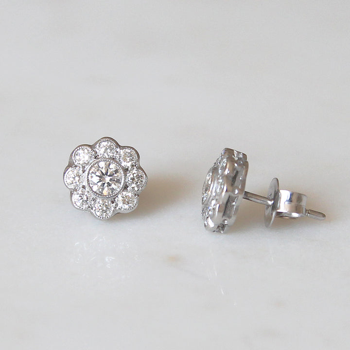 Edwardian Style 1.04 Carat Brilliant Cut Diamond Daisy Cluster Stud Earrings