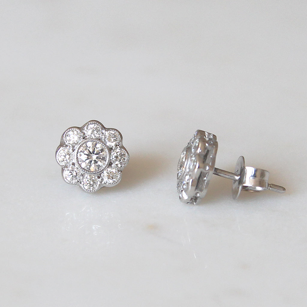 Edwardian Style 1.04 Carat Brilliant Cut Diamond Daisy Cluster Stud Earrings