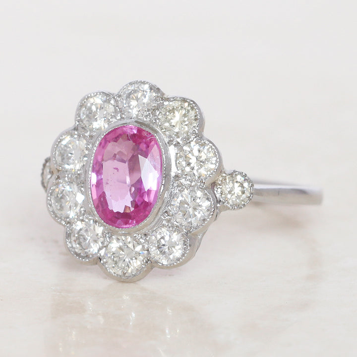 Vintage Style 1.10 Pink Sapphire and Diamond Cluster