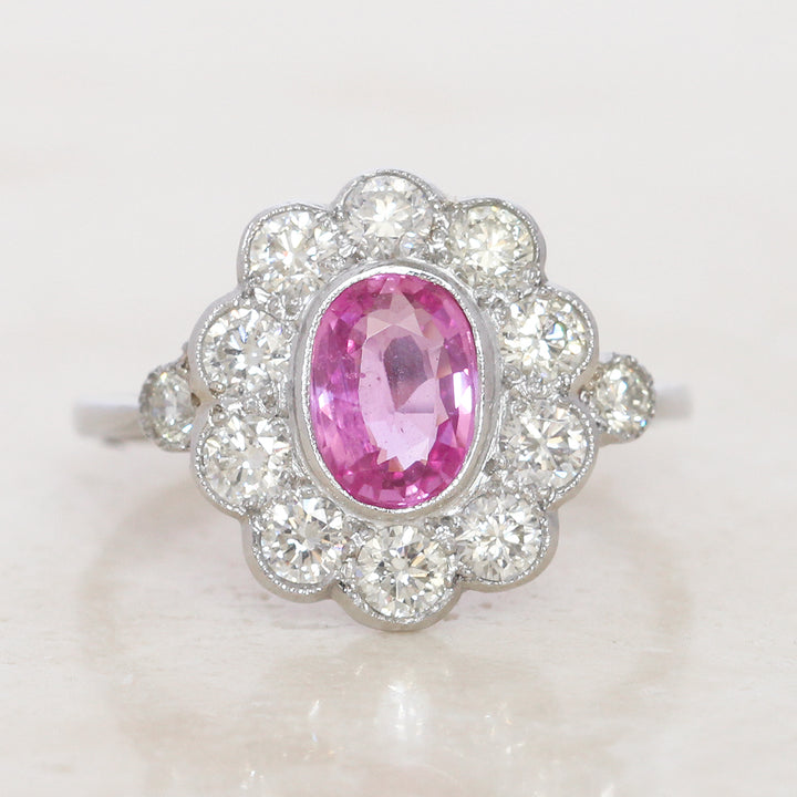 Vintage Style 1.10 Pink Sapphire and Diamond Cluster