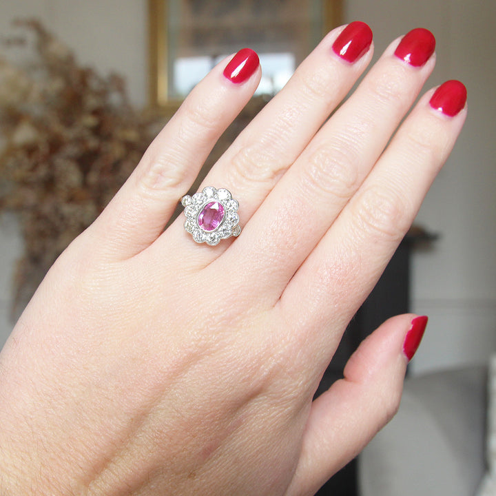 Vintage Style 1.10 Pink Sapphire and Diamond Cluster