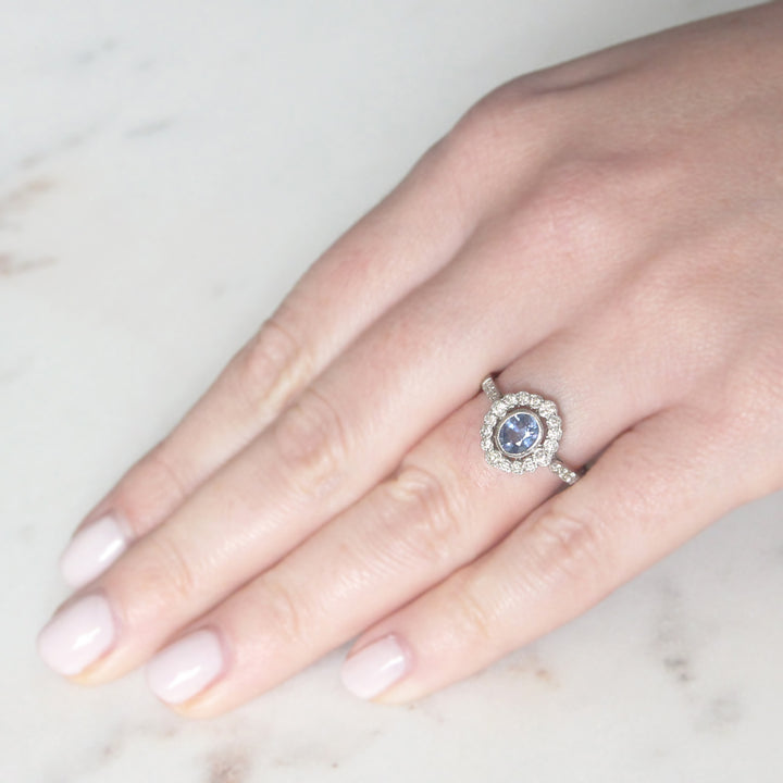 Art Deco Style 0.65 Carat Cornflower Blue Sapphire and Diamond Cluster