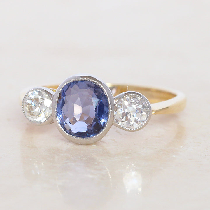 Edwardian Style 2.40 Carat Sapphire and Old Cut Diamond Three Stone