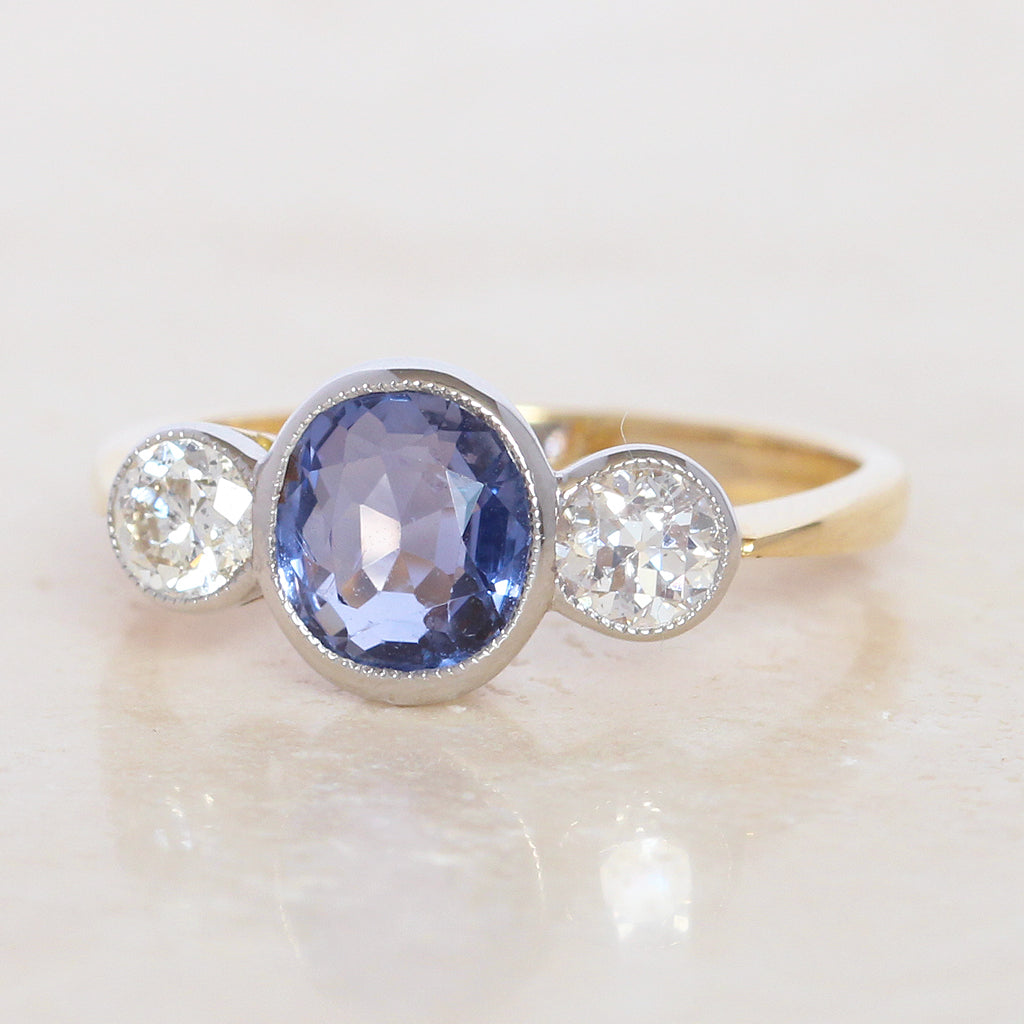 Edwardian Style 2.40 Carat Sapphire and Old Cut Diamond Three Stone