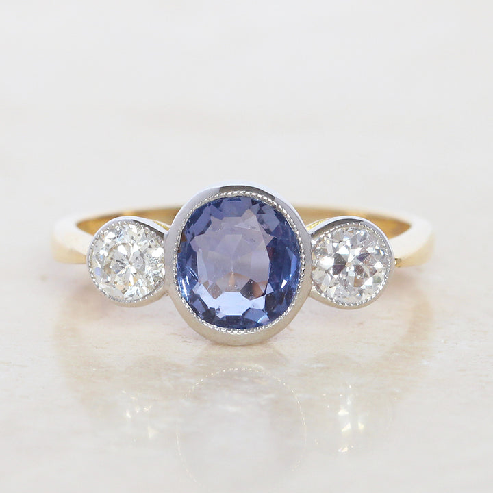Edwardian Style 2.40 Carat Sapphire and Old Cut Diamond Three Stone
