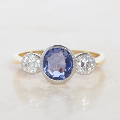 Edwardian Style 2.40 Carat Sapphire and Old Cut Diamond Three Stone