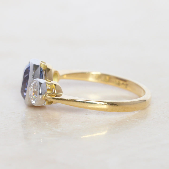 Edwardian Style 2.40 Carat Sapphire and Old Cut Diamond Three Stone