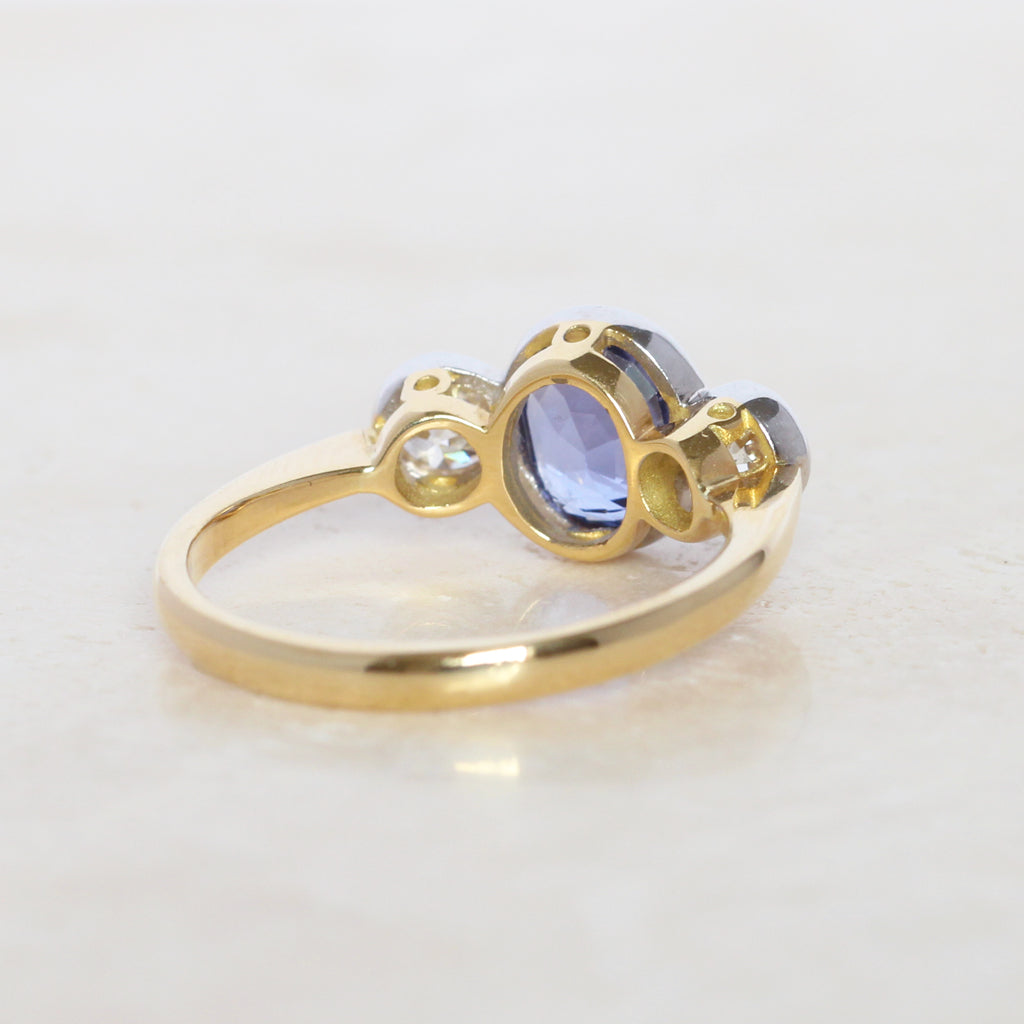 Edwardian Style 2.40 Carat Sapphire and Old Cut Diamond Three Stone