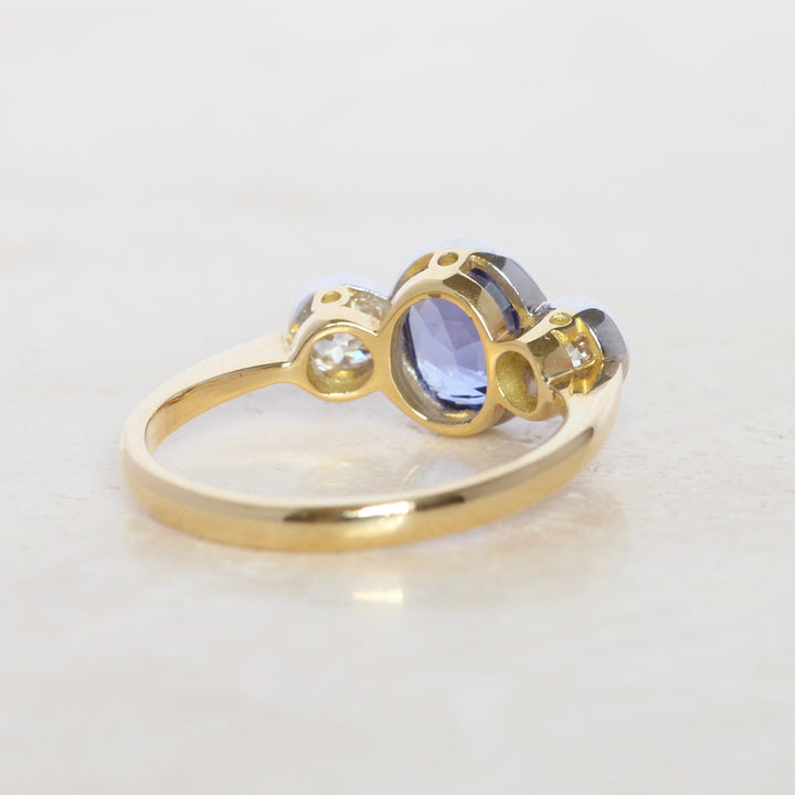 Edwardian Style 2.40 Carat Sapphire and Old Cut Diamond Three Stone