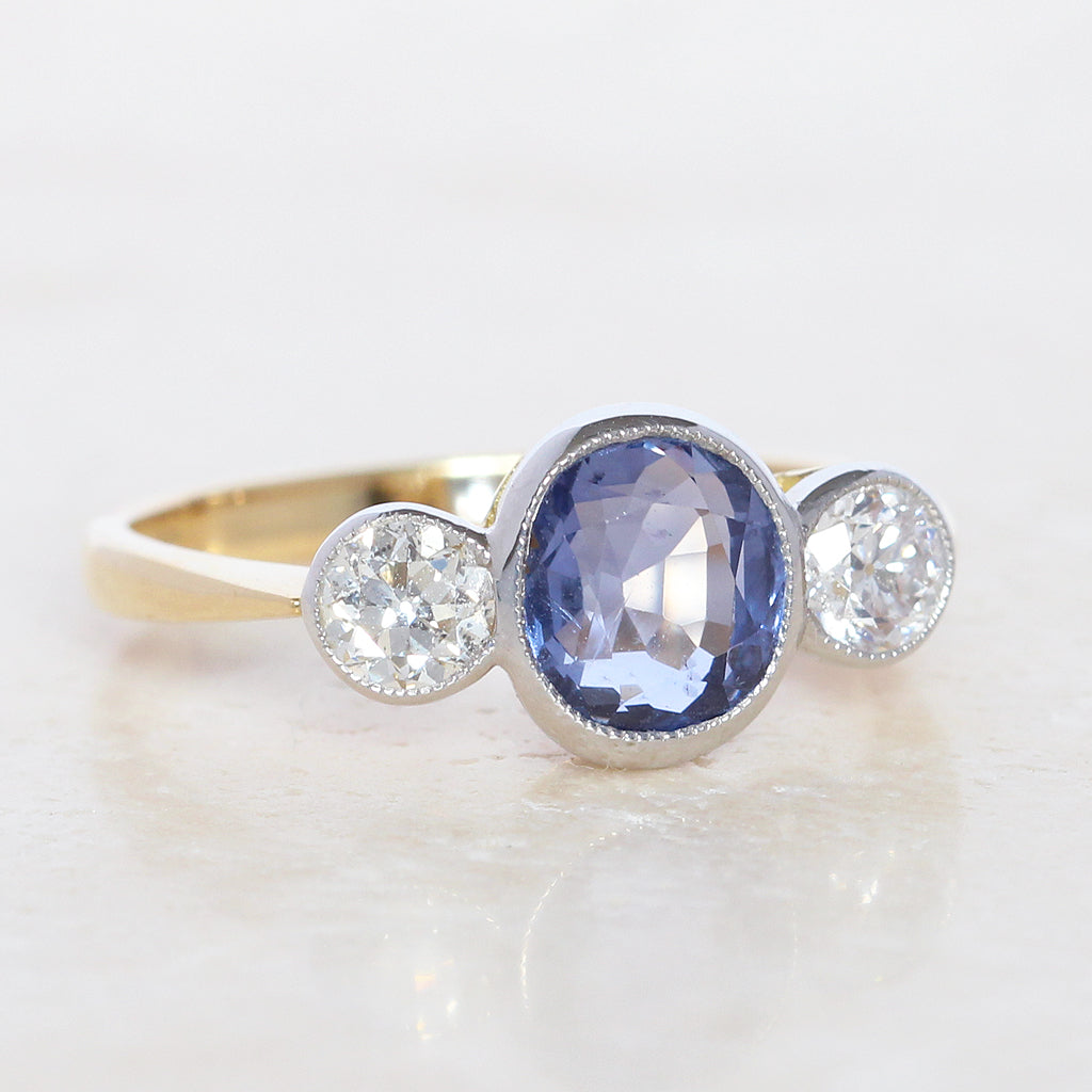 Edwardian Style 2.40 Carat Sapphire and Old Cut Diamond Three Stone