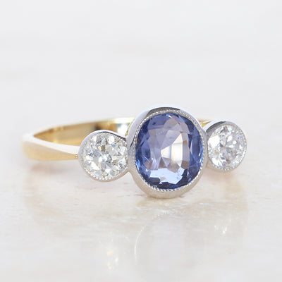 Edwardian Style 2.40 Carat Sapphire and Old Cut Diamond Three Stone