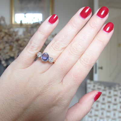 Edwardian Style 2.40 Carat Sapphire and Old Cut Diamond Three Stone