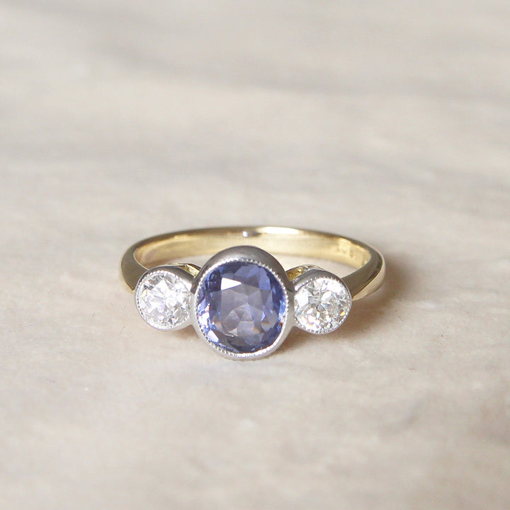 Edwardian Style 2.40 Carat Sapphire and Old Cut Diamond Three Stone