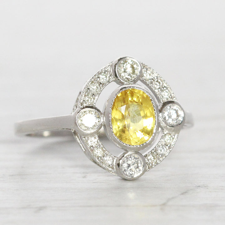 Art Deco Style 1.20 Carat Yellow Sapphire and Diamond Cluster