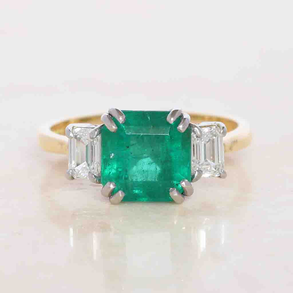 Vintage Style 2.35 Carat Emerald and Diamond Three Stone
