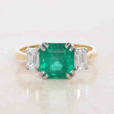 Vintage Style 2.35 Carat Emerald and Diamond Three Stone