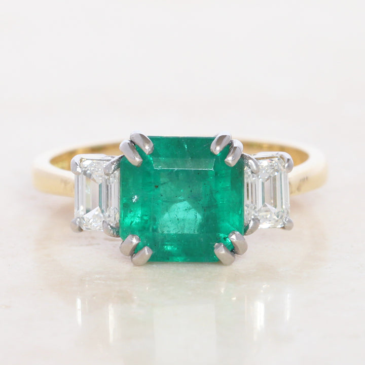 Vintage Style 2.35 Carat Emerald and Diamond Three Stone