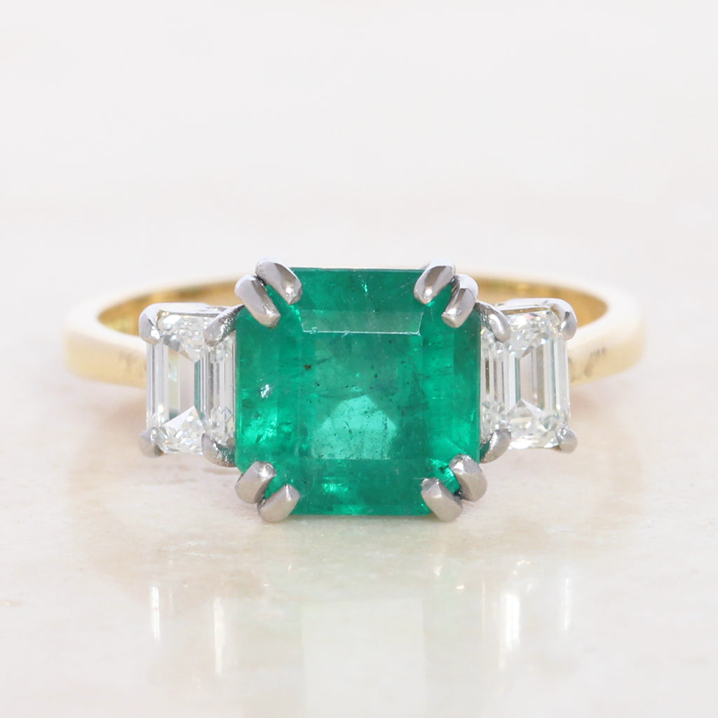 Vintage Style 2.35 Carat Emerald and Diamond Three Stone