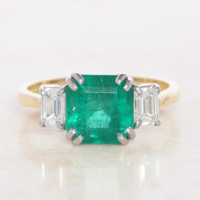 Vintage Style 2.35 Carat Emerald and Diamond Three Stone