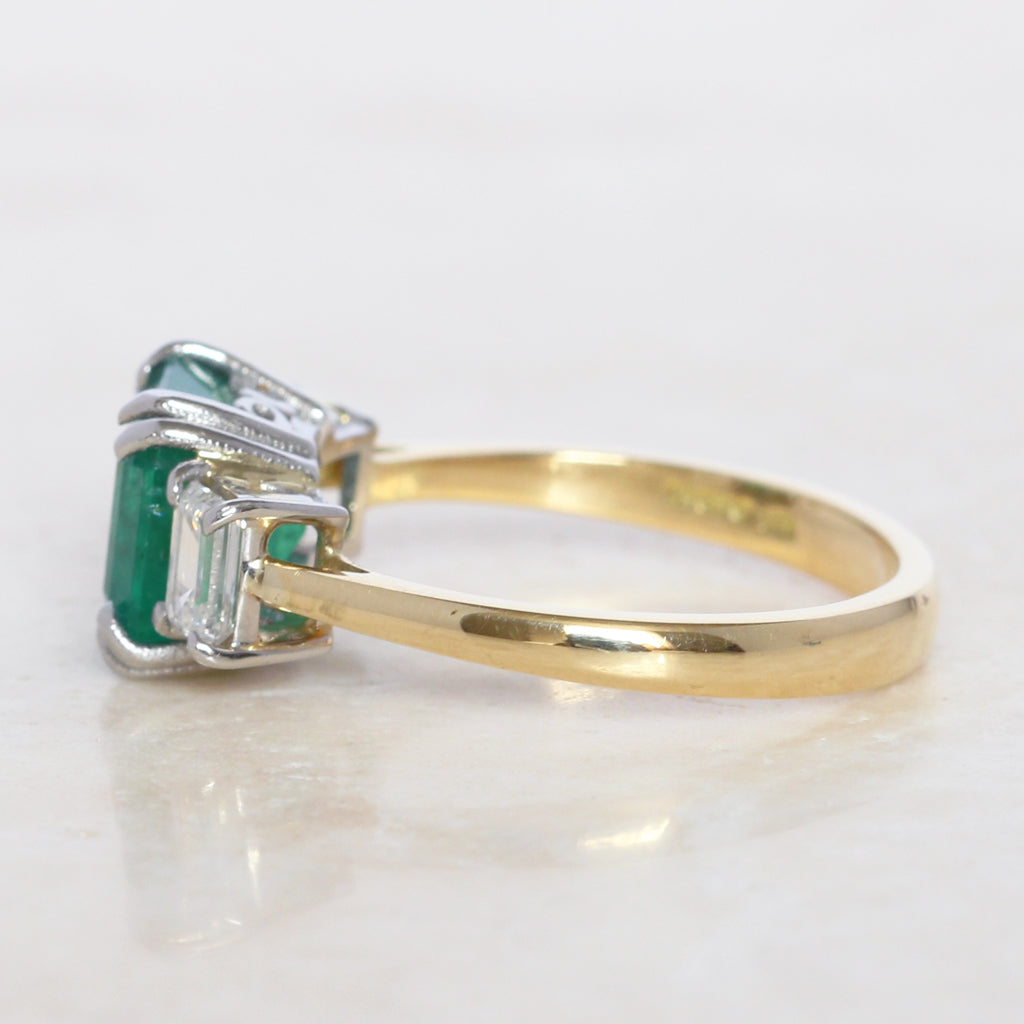 Vintage Style 2.35 Carat Emerald and Diamond Three Stone