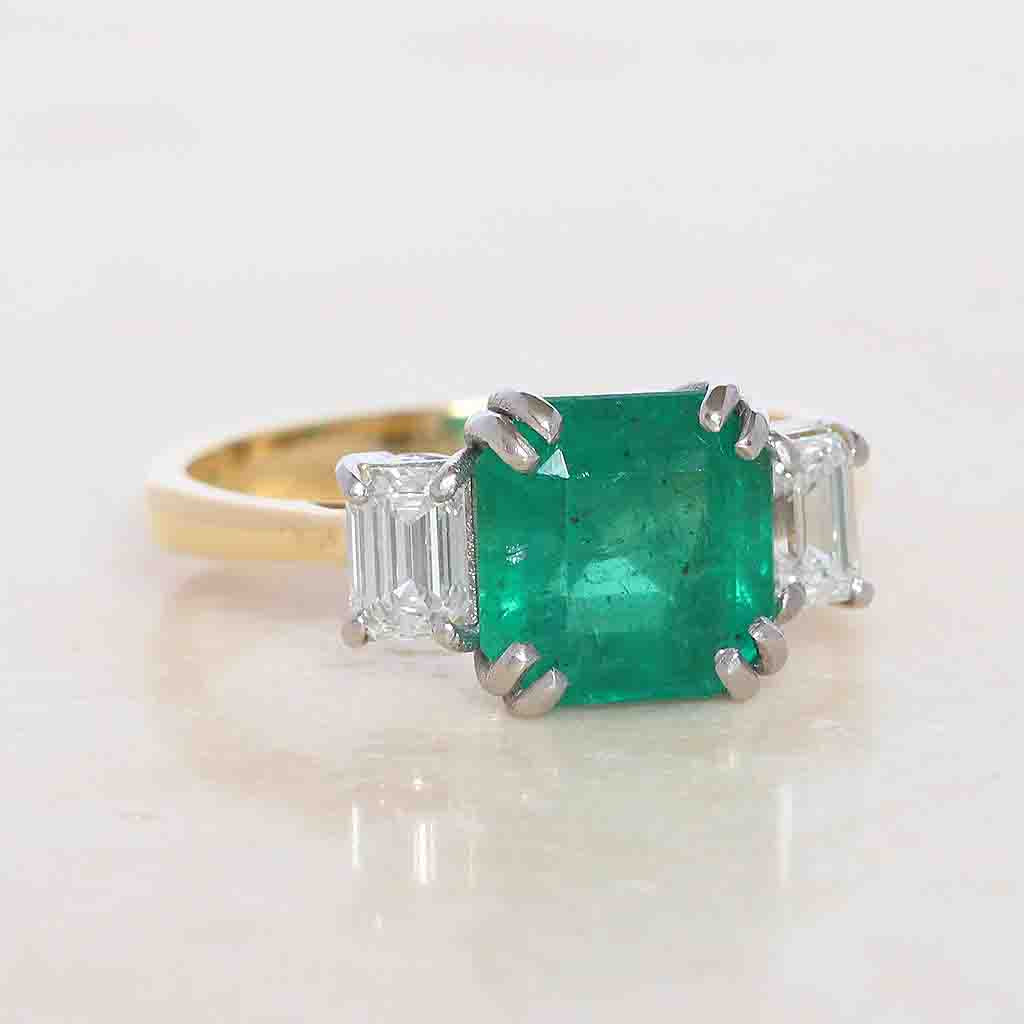 Vintage Style 2.35 Carat Emerald and Diamond Three Stone