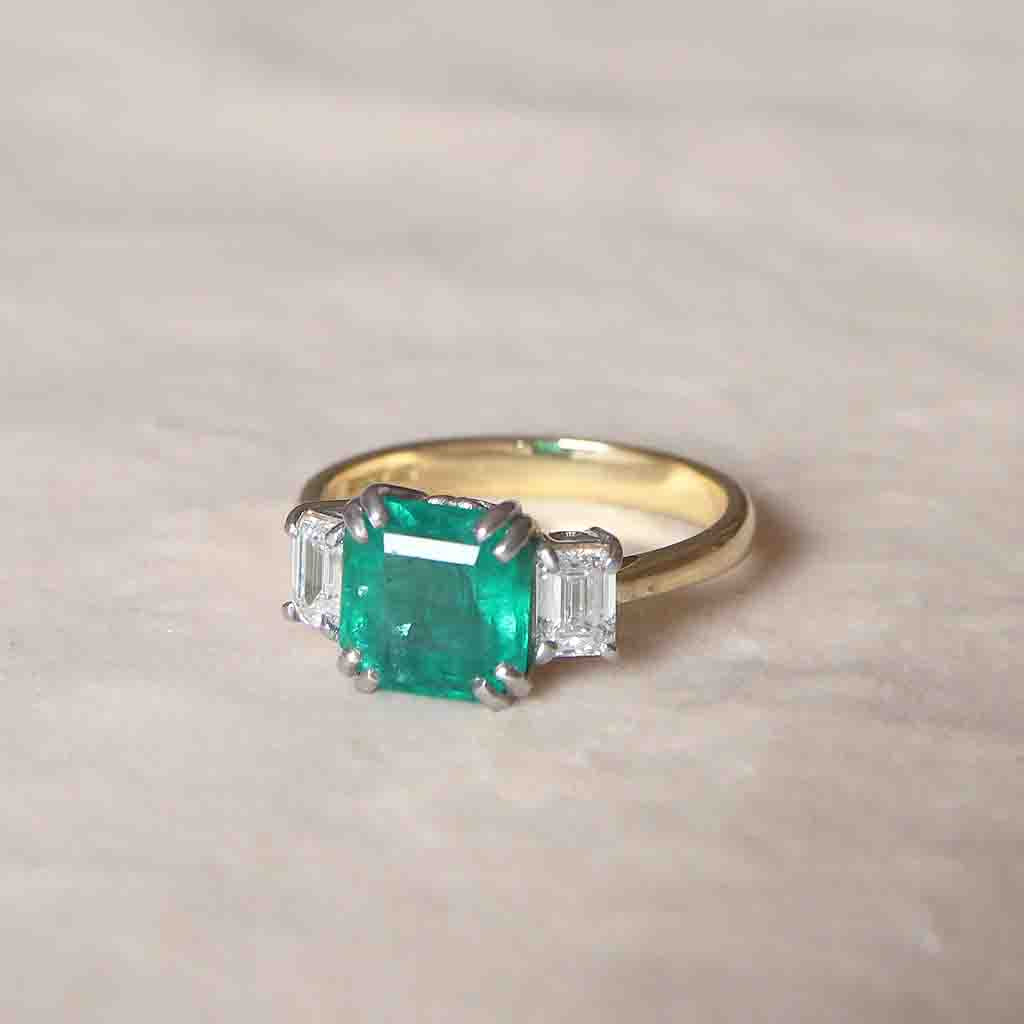 Vintage Style 2.35 Carat Emerald and Diamond Three Stone