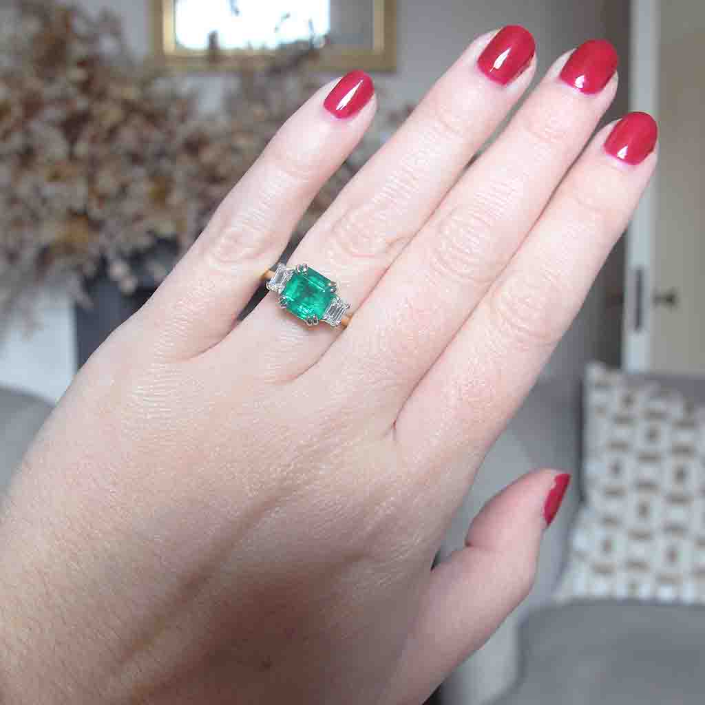 Vintage Style 2.35 Carat Emerald and Diamond Three Stone