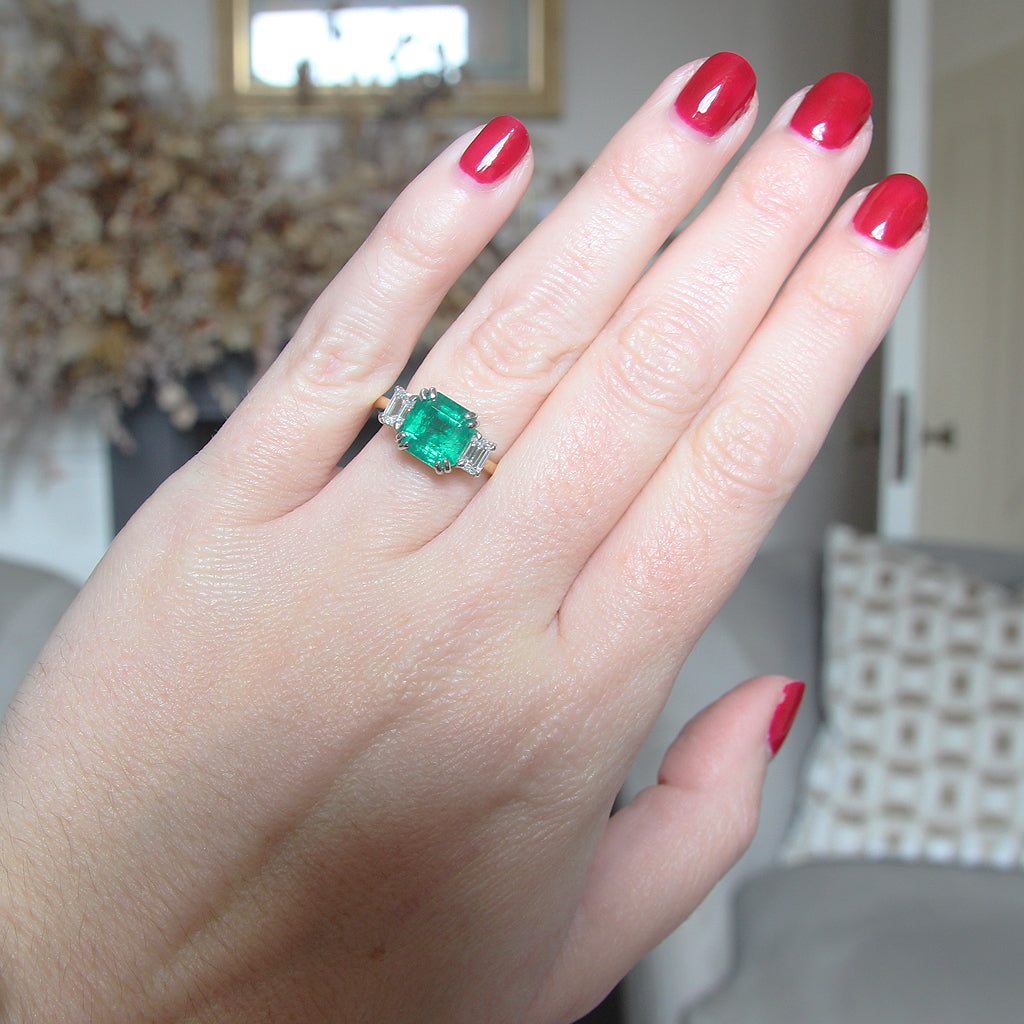 Vintage Style 2.35 Carat Emerald and Diamond Three Stone