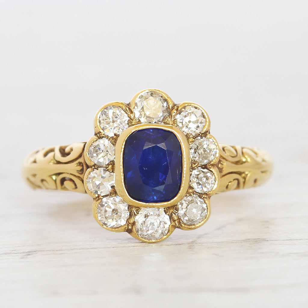Victorian Style 0.85 Carat Sapphire and Old Cut Diamond Cluster