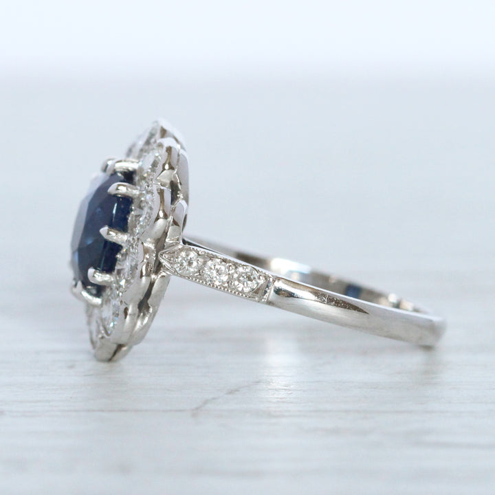 Vintage Style 2.50 Carat Cushion Cut Sapphire and Diamond Cluster