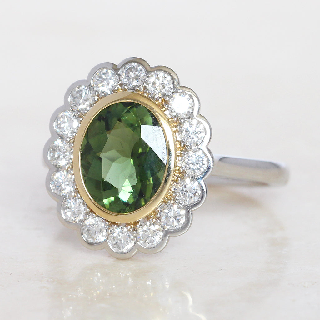 Vintage Style 1.82 Carat Green Tourmaline and Diamond Cluster