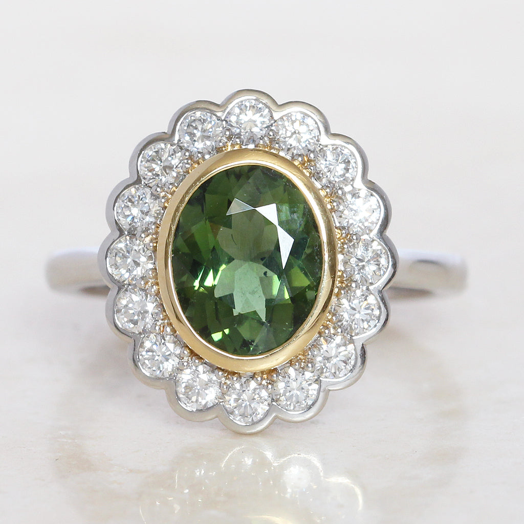 Vintage Style 1.82 Carat Green Tourmaline and Diamond Cluster