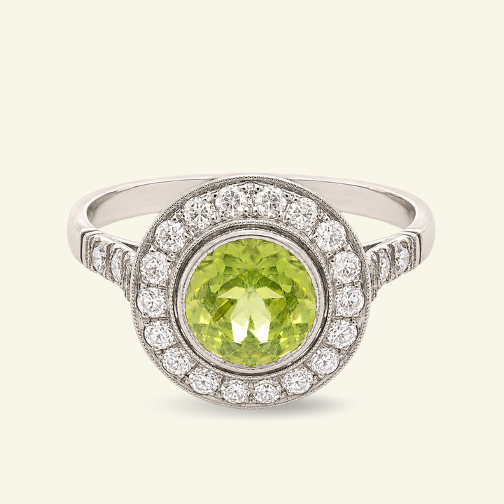 Art Deco Style 1.40 Carat Peridot and Diamond Halo Cluster