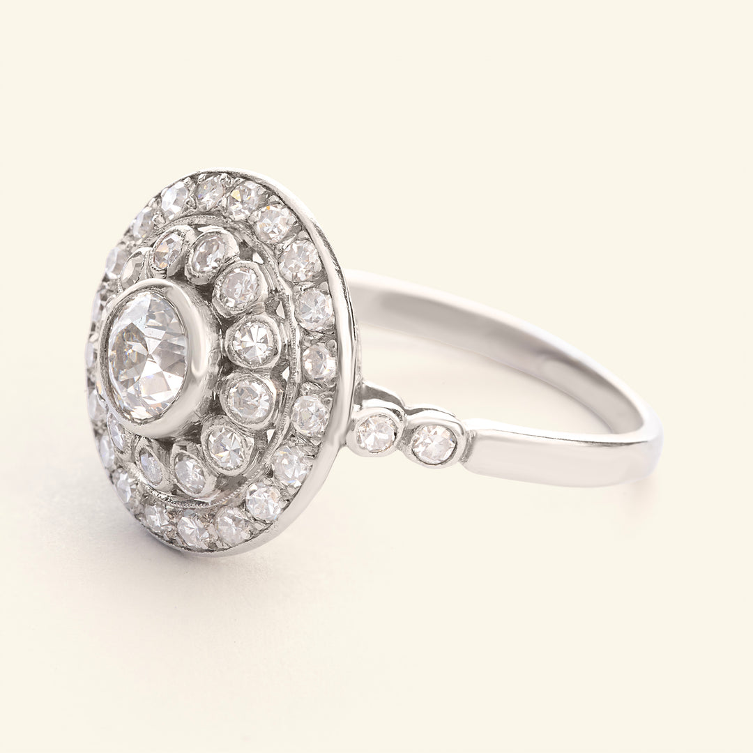 French Art Deco 1.30 Carat Old European Cut Diamond Double Halo Cluster
