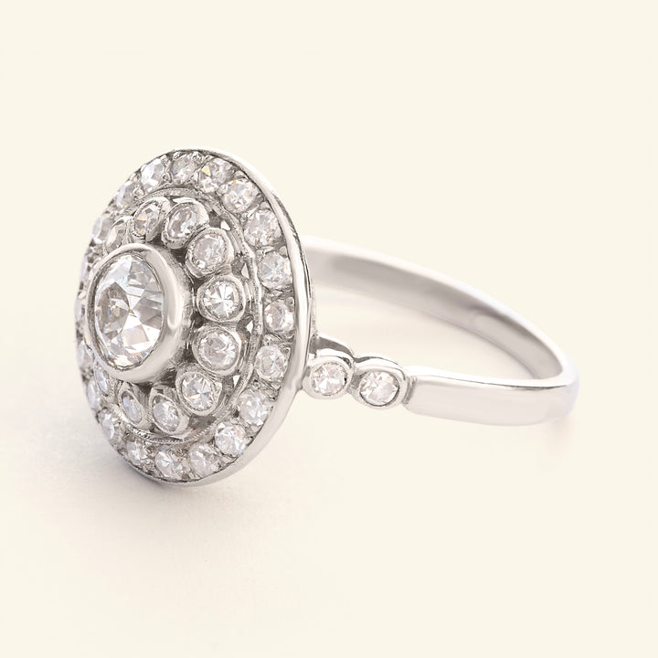 French Art Deco 1.30 Carat Old European Cut Diamond Double Halo Cluster