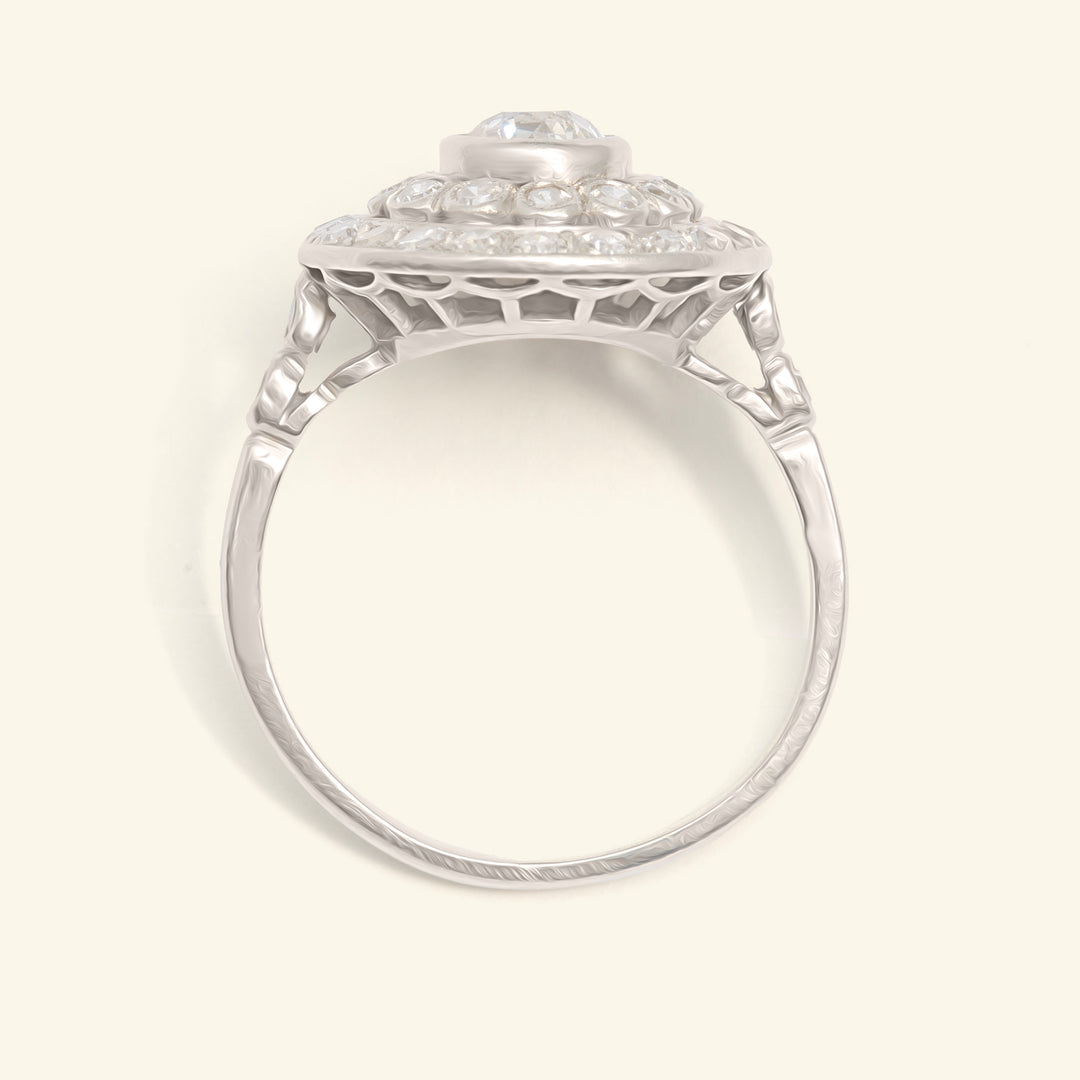 French Art Deco 1.30 Carat Old European Cut Diamond Double Halo Cluster