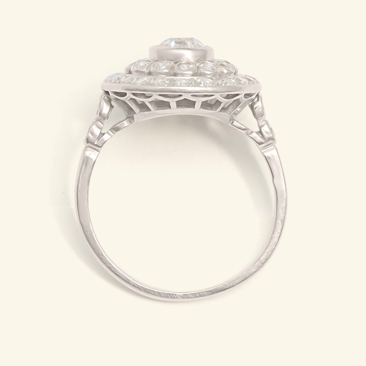 French Art Deco 1.30 Carat Old European Cut Diamond Double Halo Cluster