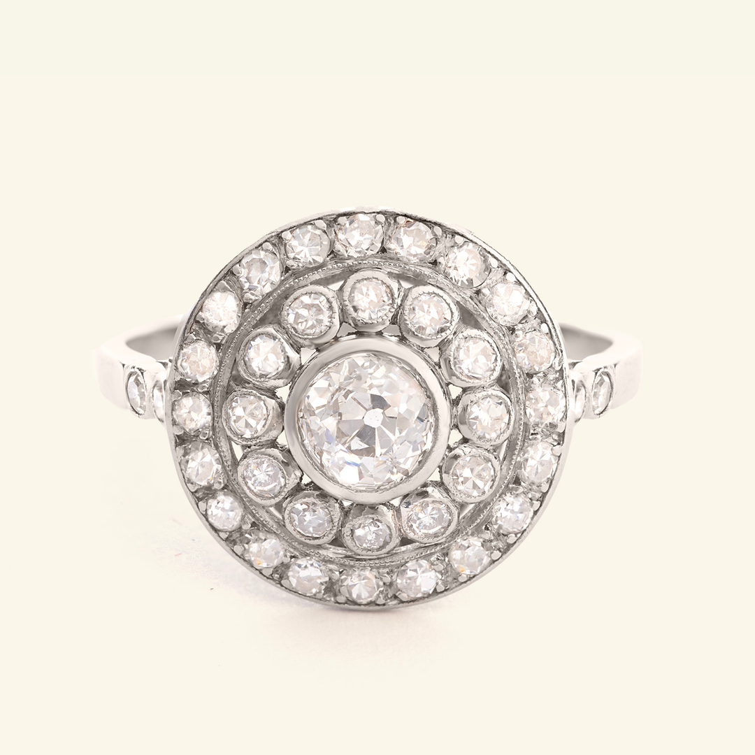French Art Deco 1.30 Carat Old European Cut Diamond Double Halo Cluster