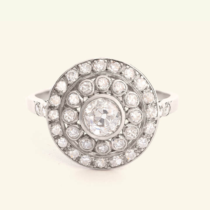 French Art Deco 1.30 Carat Old European Cut Diamond Double Halo Cluster